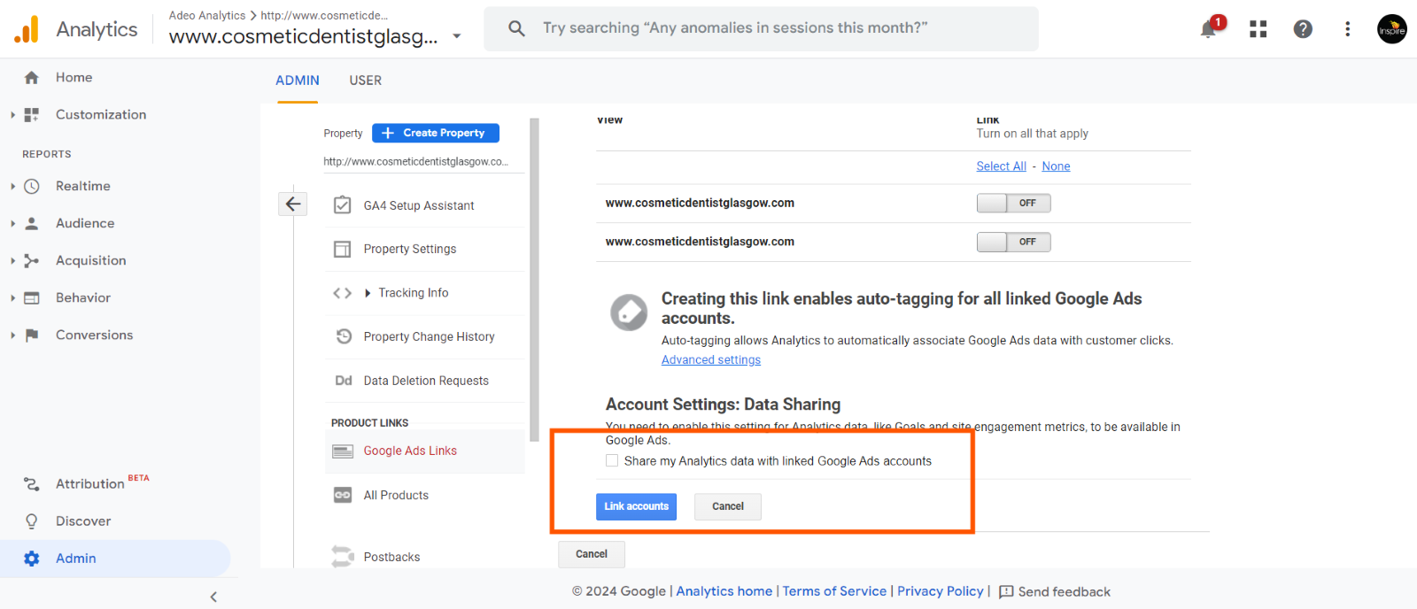 Google Analytics admin interface showing option to share Analytics data with linked Google Ads accounts and buttons to link or cancel accounts