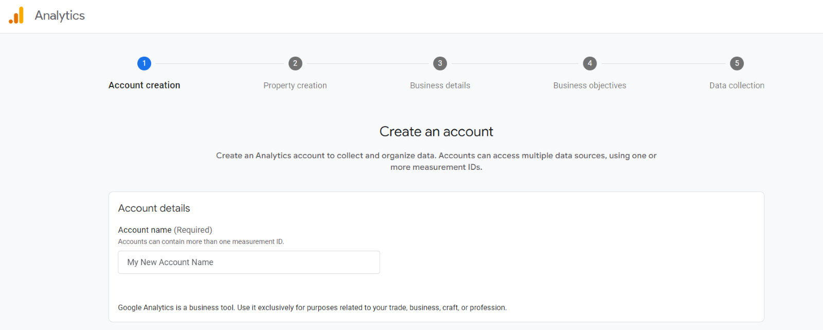 Google Analytics onboarding interface showing step 1 of account creation with fields for account details and instructions
