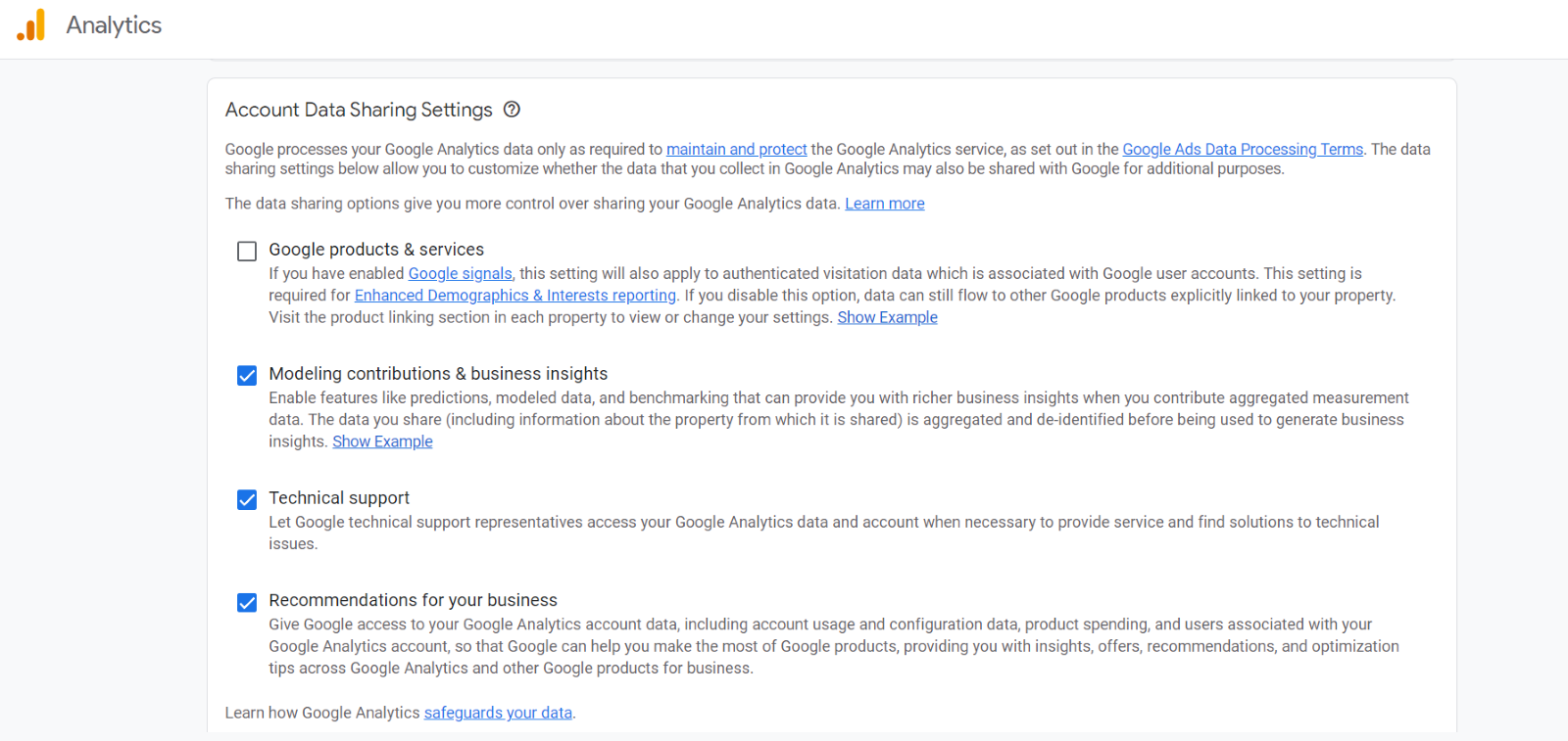 Screenshot of Google Analytics account data sharing settings showing options for Google products & services, modeling contributions and business insights, technical support, and recommendations for your business, with three options checked and one unchecked.