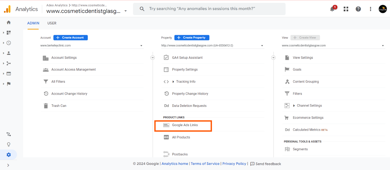 Google Analytics Admin interface showing the Product Links section with Google Ads Links highlighted