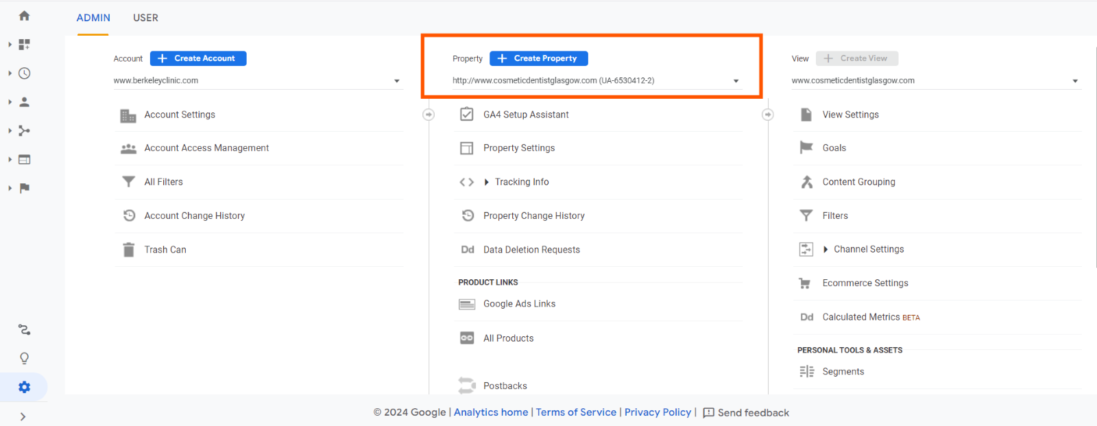 Screenshot of Google Analytics Admin panel showing account and property settings including the option to create a new property and Google Ads links