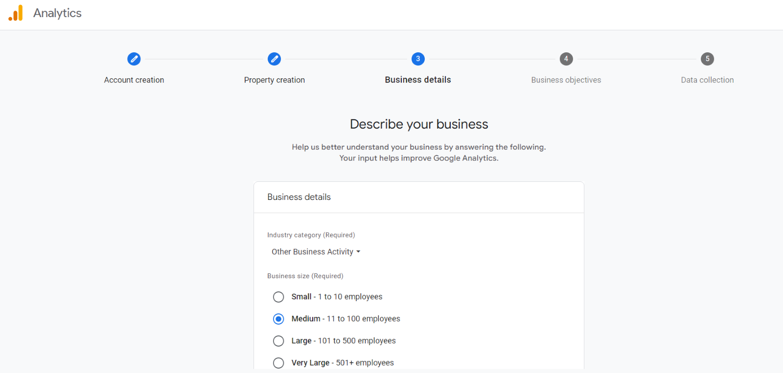 Google Analytics setup interface showing business details step with industry category and business size options