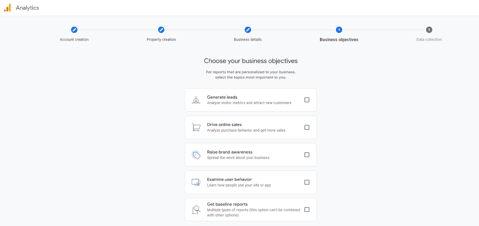 Google Analytics interface showing step 4 business objectives with options to select goals like generate leads, drive online sales, raise brand awareness, examine user behavior, and get baseline reports