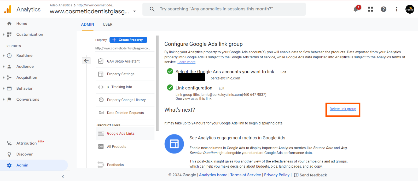 Google Analytics admin interface showing configuration of Google Ads link group for a property, with steps selected for linking accounts and link configuration, and option to delete link group