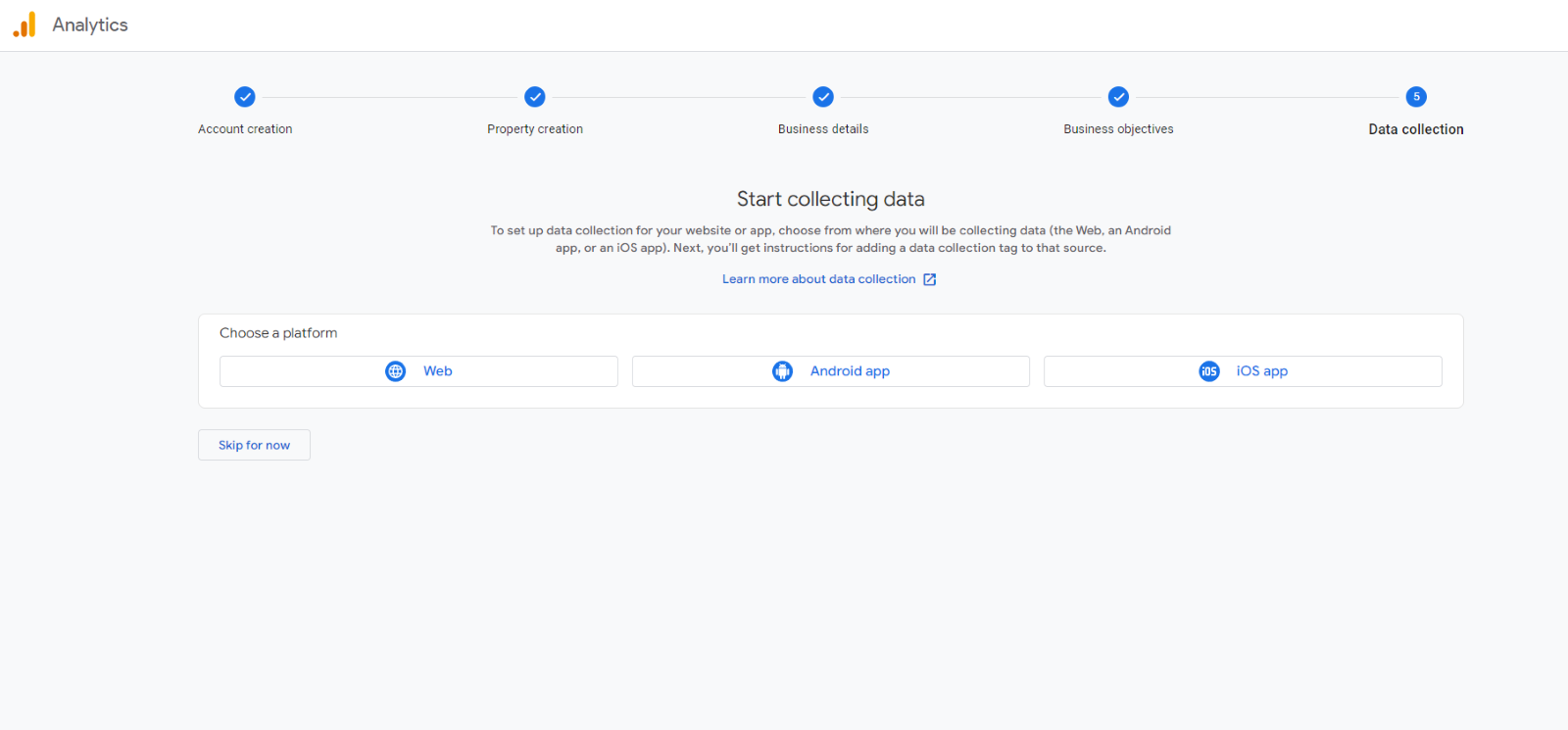 Google Analytics interface showing the final step of account setup with options to choose data collection platform: Web, Android app, or iOS app
