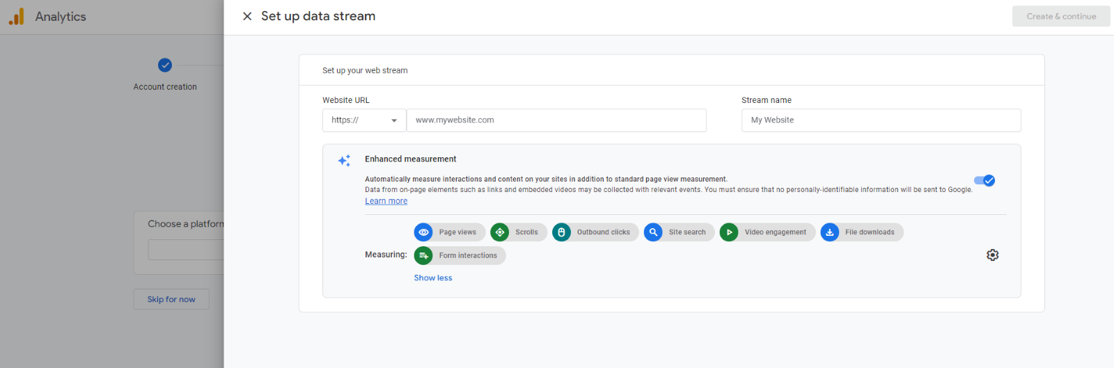 Google Analytics interface for setting up a data stream including website URL, stream name, and enhanced measurement options such as page views, scrolls, outbound clicks, site search, video engagement and file downloads.