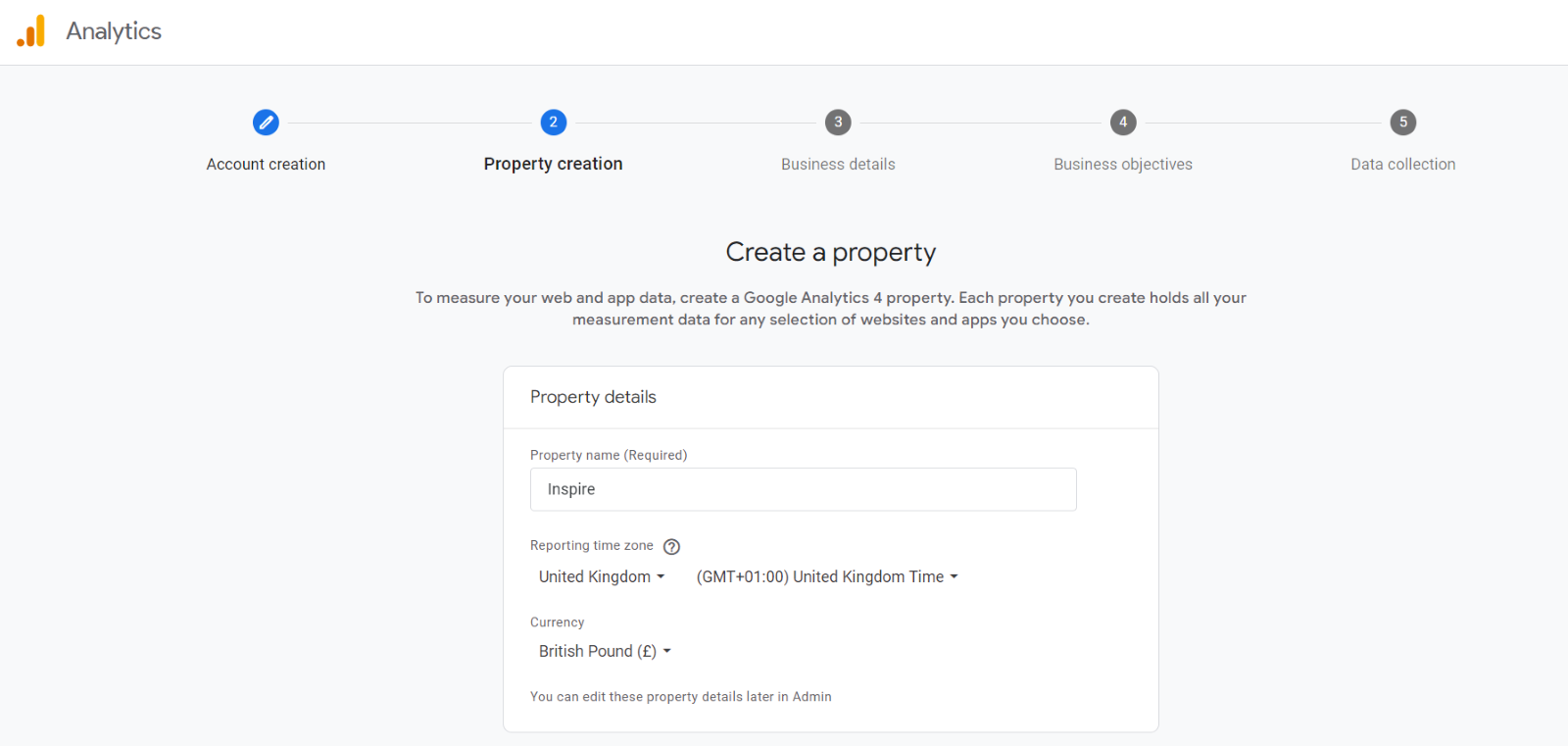 Google Analytics interface showing step 2 Property creation in account setup with Property details including name, time zone, and currency settings