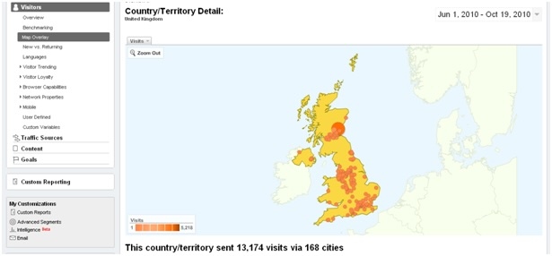 Google Analytics map overlay showing website visits across cities in the United Kingdom from June to October 2010, with areas coloured by visit volume.