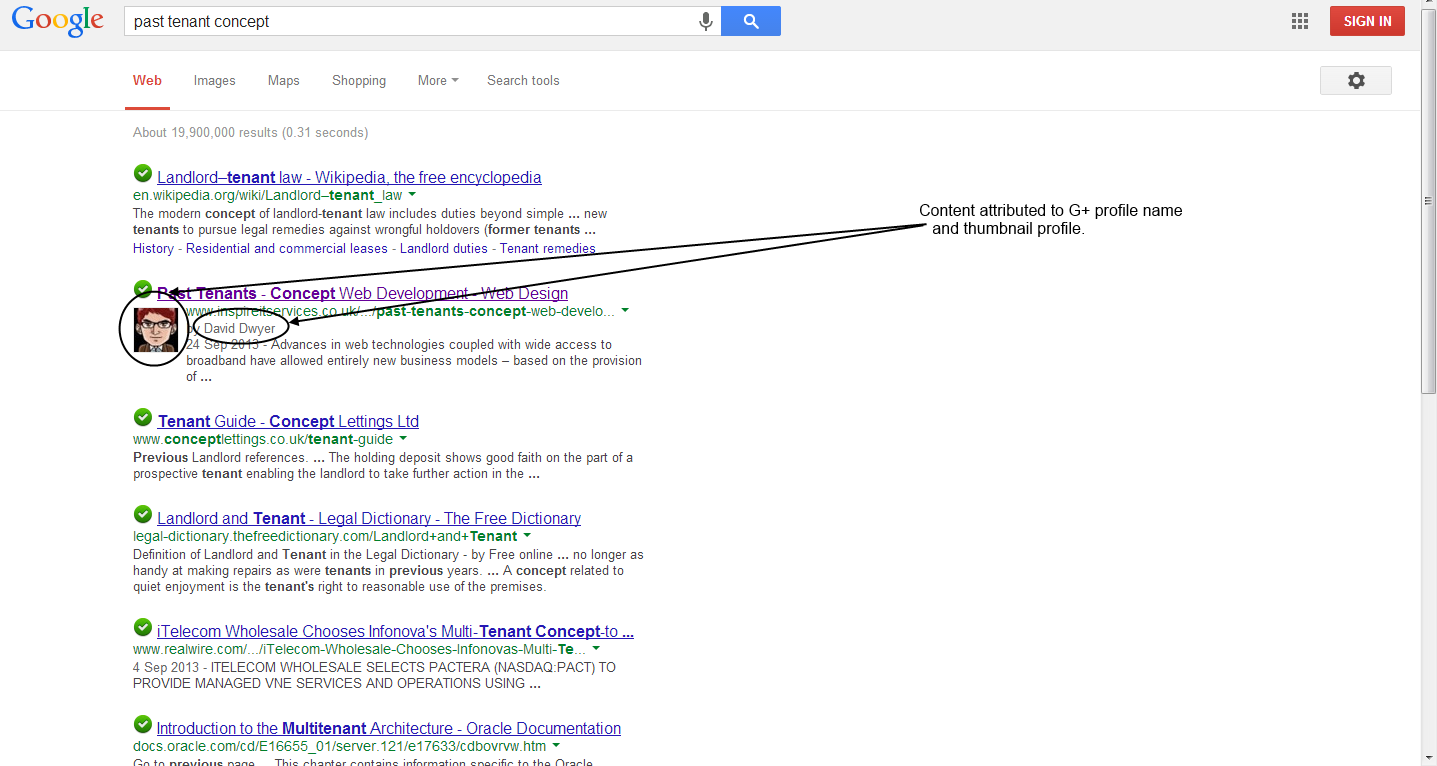 Google Authorship - Listing Example 1 Screenshot of Google search results showing an authorship example with a profile thumbnail and name David Dwyer