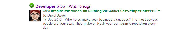 Google Author - Listing Example 2 Search engine result showing Google authorship markup with developer's avatar and green checkmark