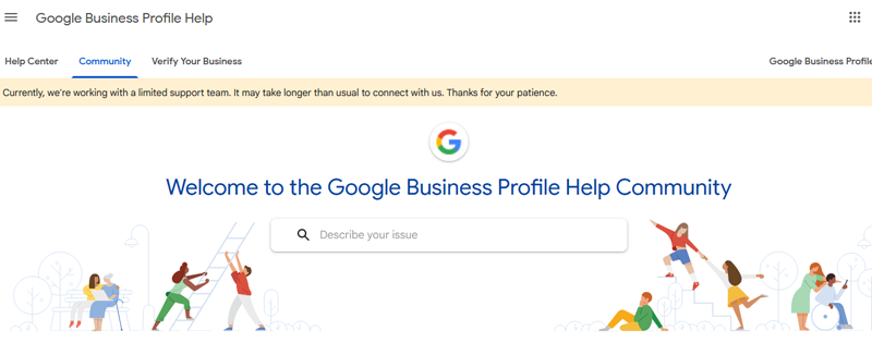 Illustrated header showing diverse people engaging in activities around the Google logo with text welcoming users to the Google Business Profile Help Community and a search box for describing issues