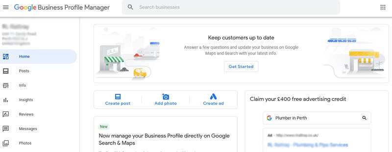 Google Business Profile Manager interface showing options to create post, add photo, create ad, and claim advertising credit