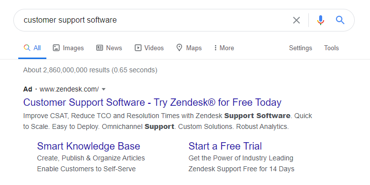 Google search results page for “customer support software,” featuring a sponsored Zendesk listing with knowledge base and free-trial links.