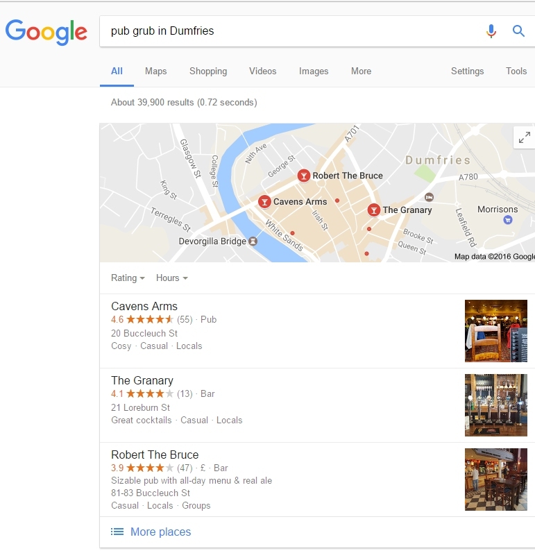Google search results for pubs in Dumfries, showing a local map and listings for Cavens Arms, The Granary and Robert The Bruce.