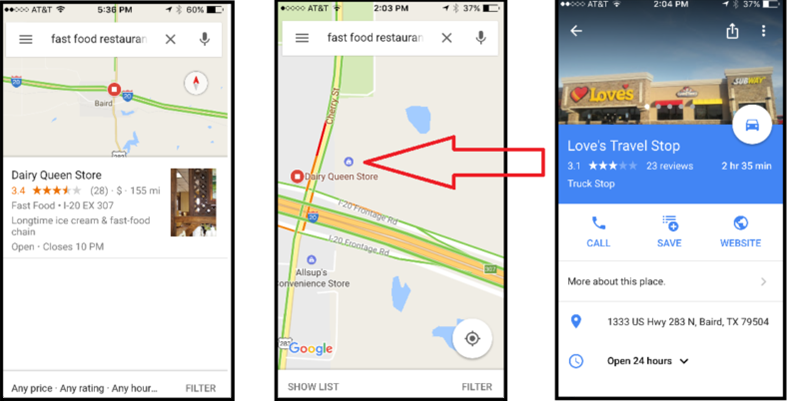 SEO Local Example Three screenshots showing Google Maps search for fast food restaurants, map location of Dairy Queen Store, and details of Love’s Travel Stop including rating, address and opening hours