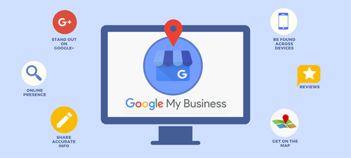 Computer screen displaying Google My Business icon with surrounding icons representing benefits like stand out on Google, be found across devices, reviews, get on the map, share accurate info, and online presence