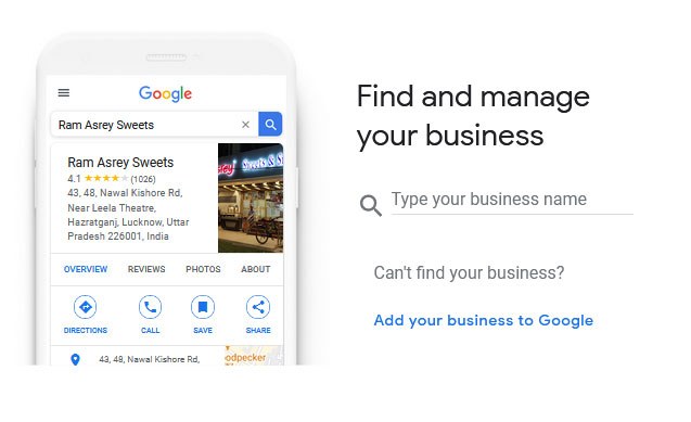 Mobile phone screen showing a Google My Business listing for Ram Asrey Sweets with options to view overview, reviews, photos, and about, alongside search prompt to find and manage your business or add it to Google.