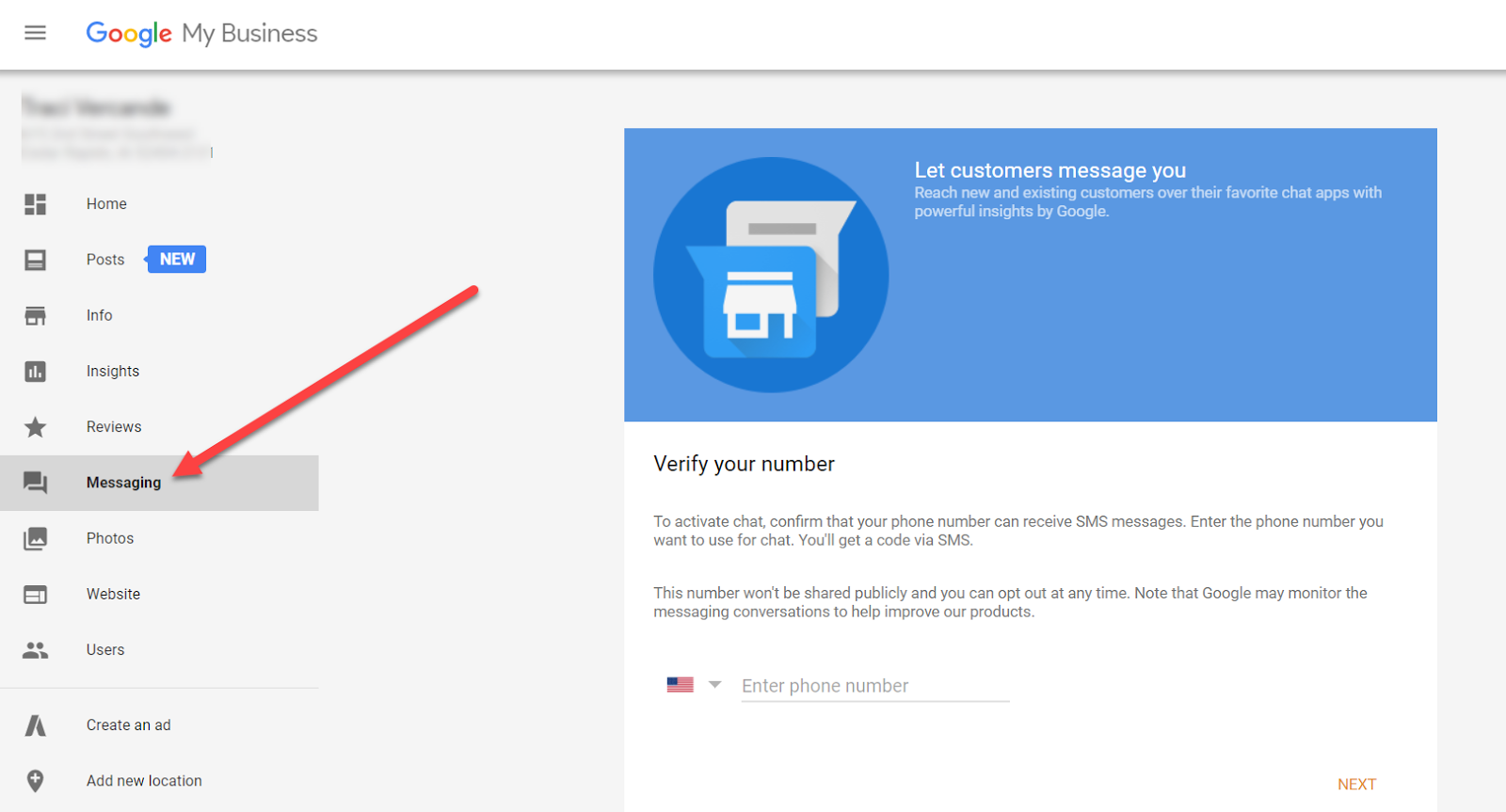 Google My Business interface showing Messaging menu selected with option to verify phone number for customer chat