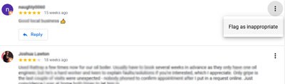 Screenshot of a Google My Business listing showing user reviews and the options menu with three vertical dots at the top-right corner