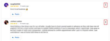 Screenshot showing a Google My Business review with a highlighted three-dot menu icon for more options