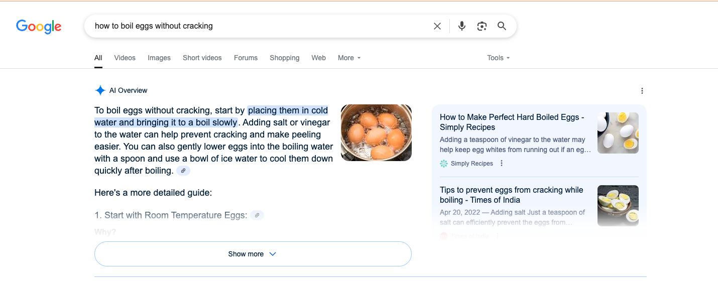 Google search results page showing an AI overview snippet on how to boil eggs without cracking, and related recipe links with images of boiled eggs