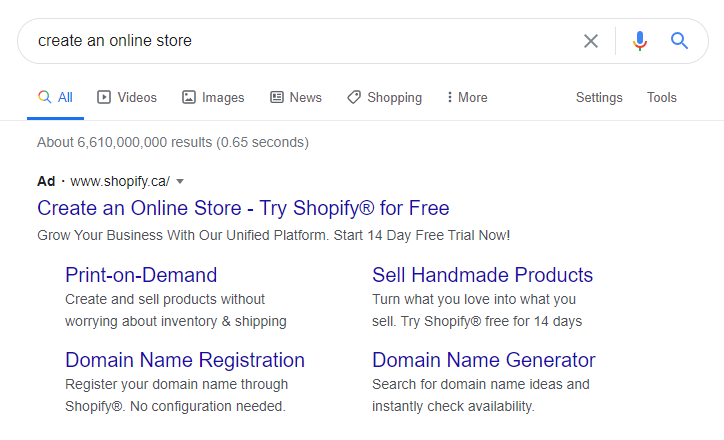 Google search results for “create an online store,” featuring a sponsored Shopify listing with links for print-on-demand, handmade products and domain registration