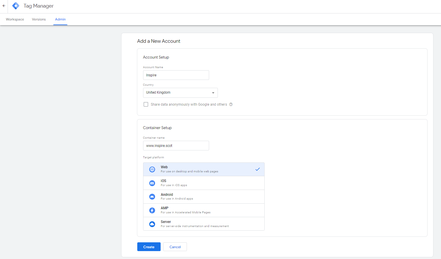 Google Tag Manager interface showing account setup for Inspire and container setup for www.inspire.scot with web platform selected