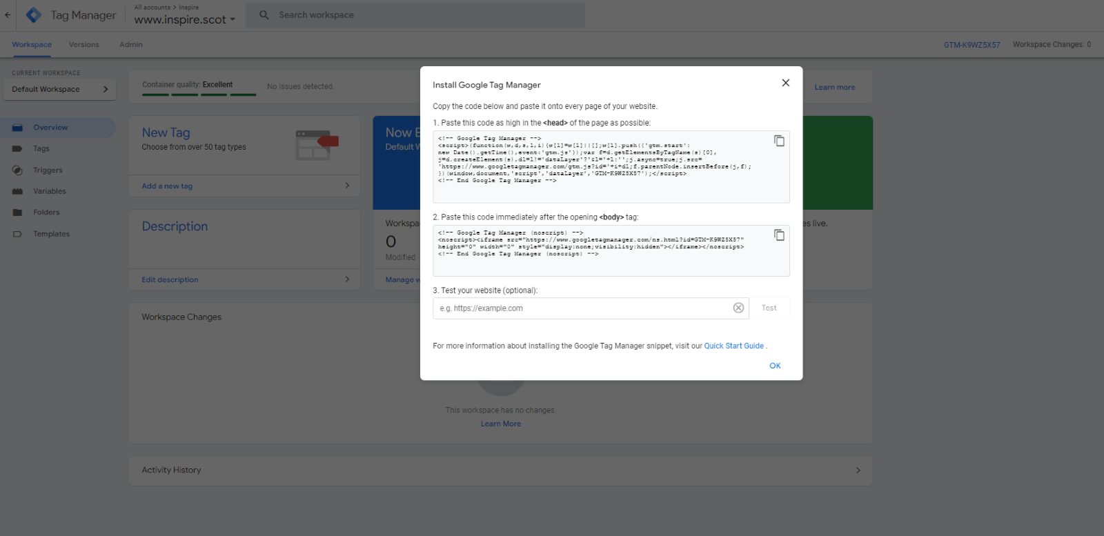 Google Tag Manager interface showing instructions to install code snippet in HTML head and body sections for website tracking setup