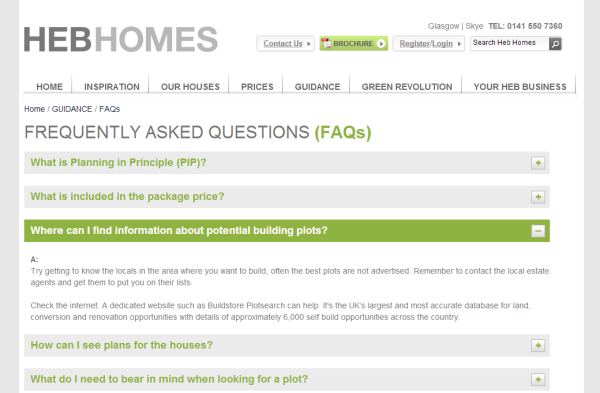 Graphical User Interface Good Design Example 1 Screenshot of the HEB Homes FAQ webpage with an expanded answer explaining where customers can find information about potential building plots.