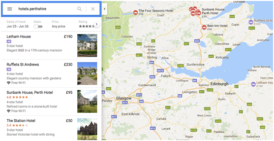 Map showing locations of hotels in Perthshire including Letham House, Rufflets St Andrews, Sunbank House Perth Hotel, and The Station Hotel with price and rating details