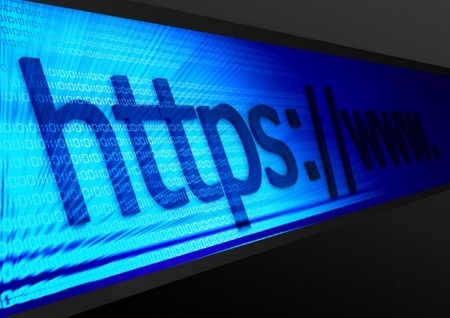 Blue digital display showing a close-up of an HTTPS URL bar symbolising internet security
