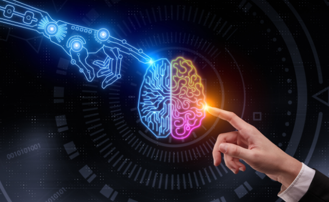 A robotic hand and a human hand reaching out to touch opposite sides of a glowing digital brain representing artificial intelligence
