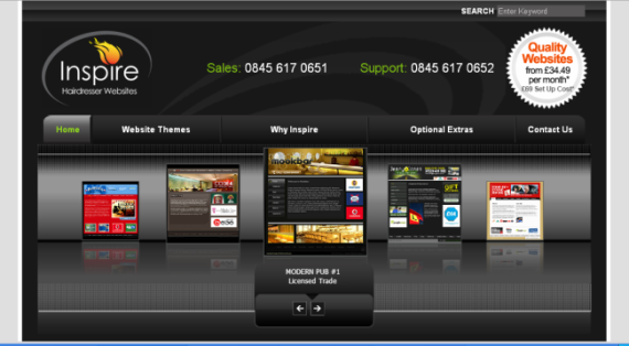 Screenshot of Inspire hairdresser websites homepage featuring website theme options and contact numbers