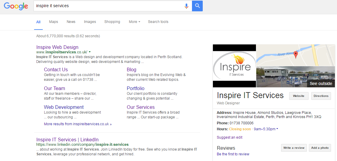 Google search results page showing Inspire IT Services listing with company information, website link, and map location