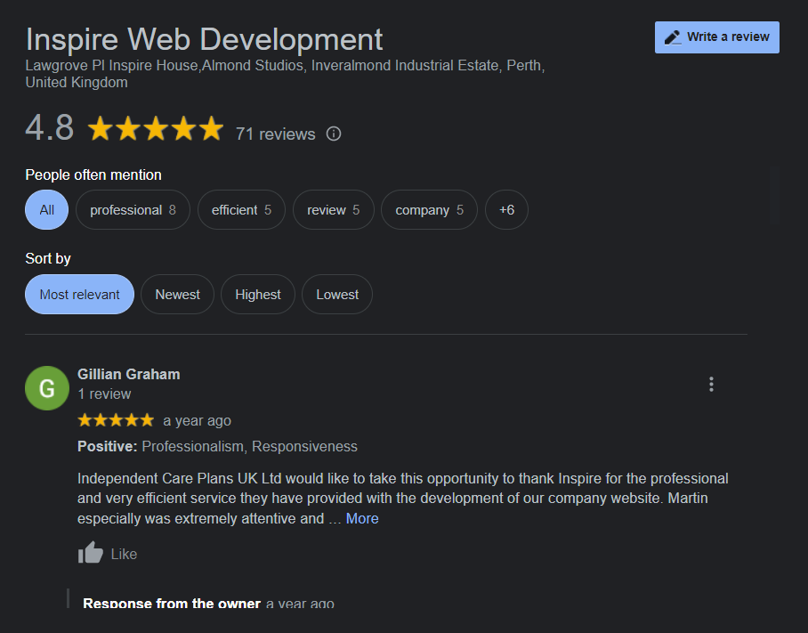 Google reviews summary for Inspire Web Development in Perth, showing a 4.8-star rating from 71 reviews and highlighted customer comments.