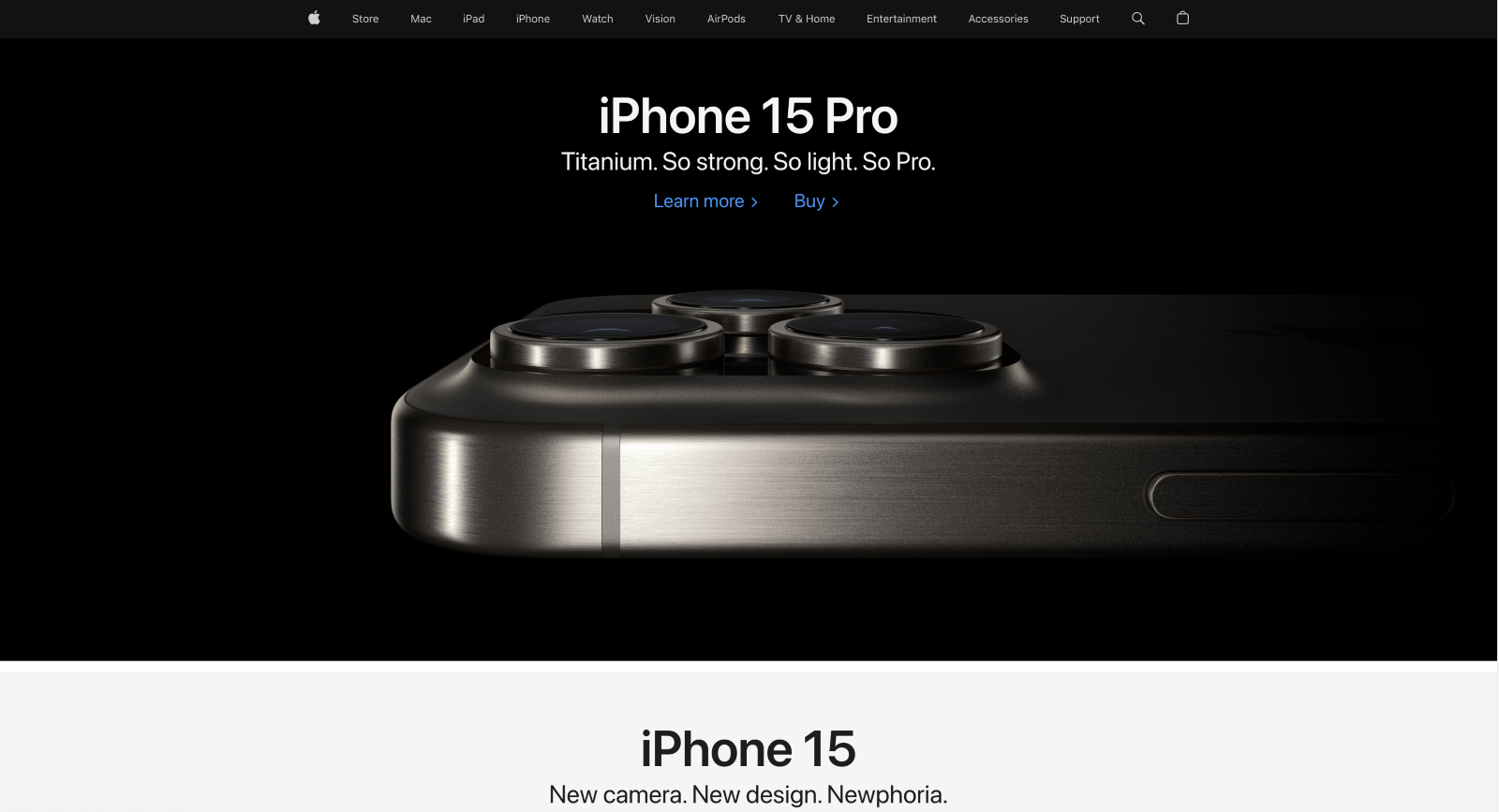 Close-up view of the iPhone 15 Pro showing its triple camera lenses and titanium edge on a black background