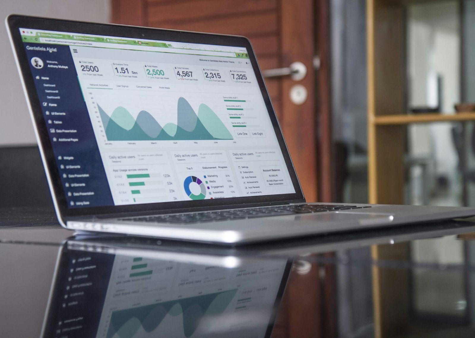 Laptop on a desk displaying a digital analytics dashboard with charts, graphs and user metrics