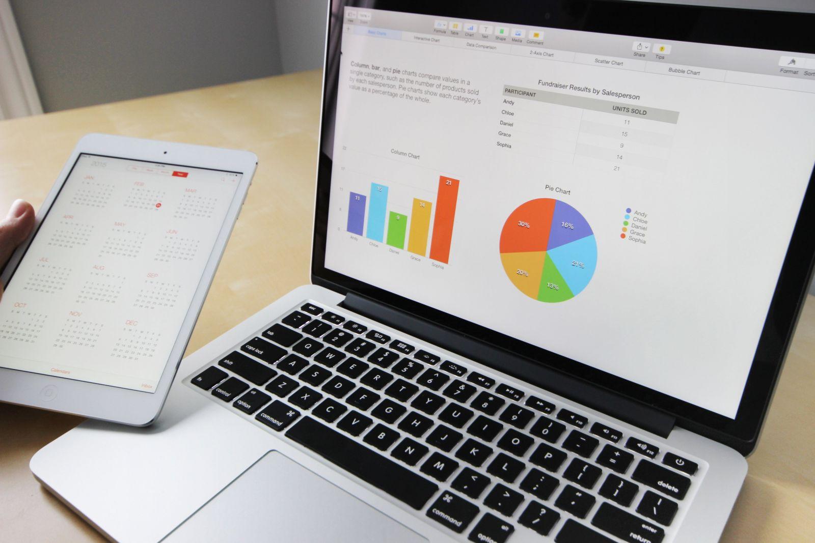 Laptop screen showing fundraiser results with bar and pie charts beside a hand holding a tablet displaying a yearly calendar