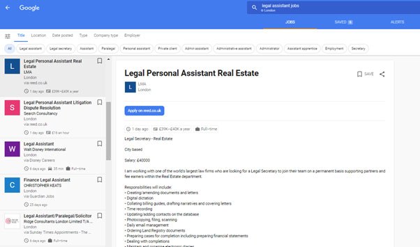Screenshot of online job board displaying listings for Legal Personal Assistant positions with details including role titles, employers, locations, and application options