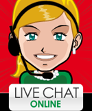 Cartoon female avatar with headset and microphone alongside live chat online sign