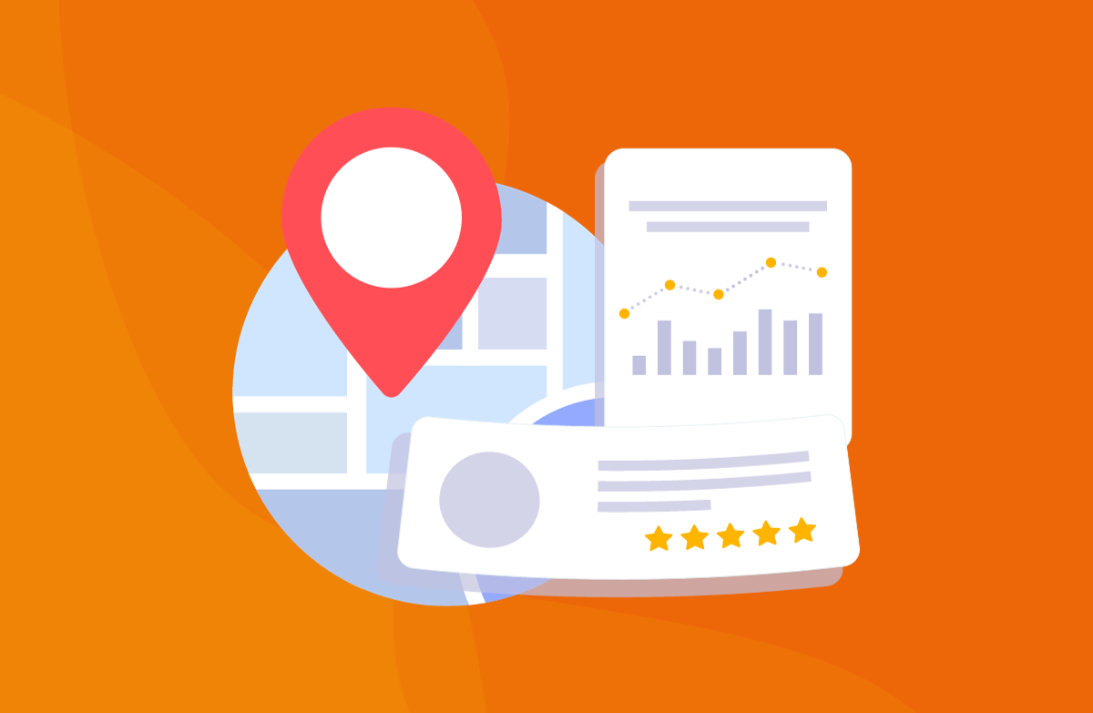 Graphic illustration of a map with a location pin, chart showing data trends, and a five-star review on an orange background