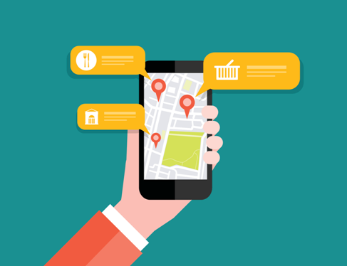 SEO Local Perthshire Hand holding smartphone displaying a map with multiple red location markers and information bubbles