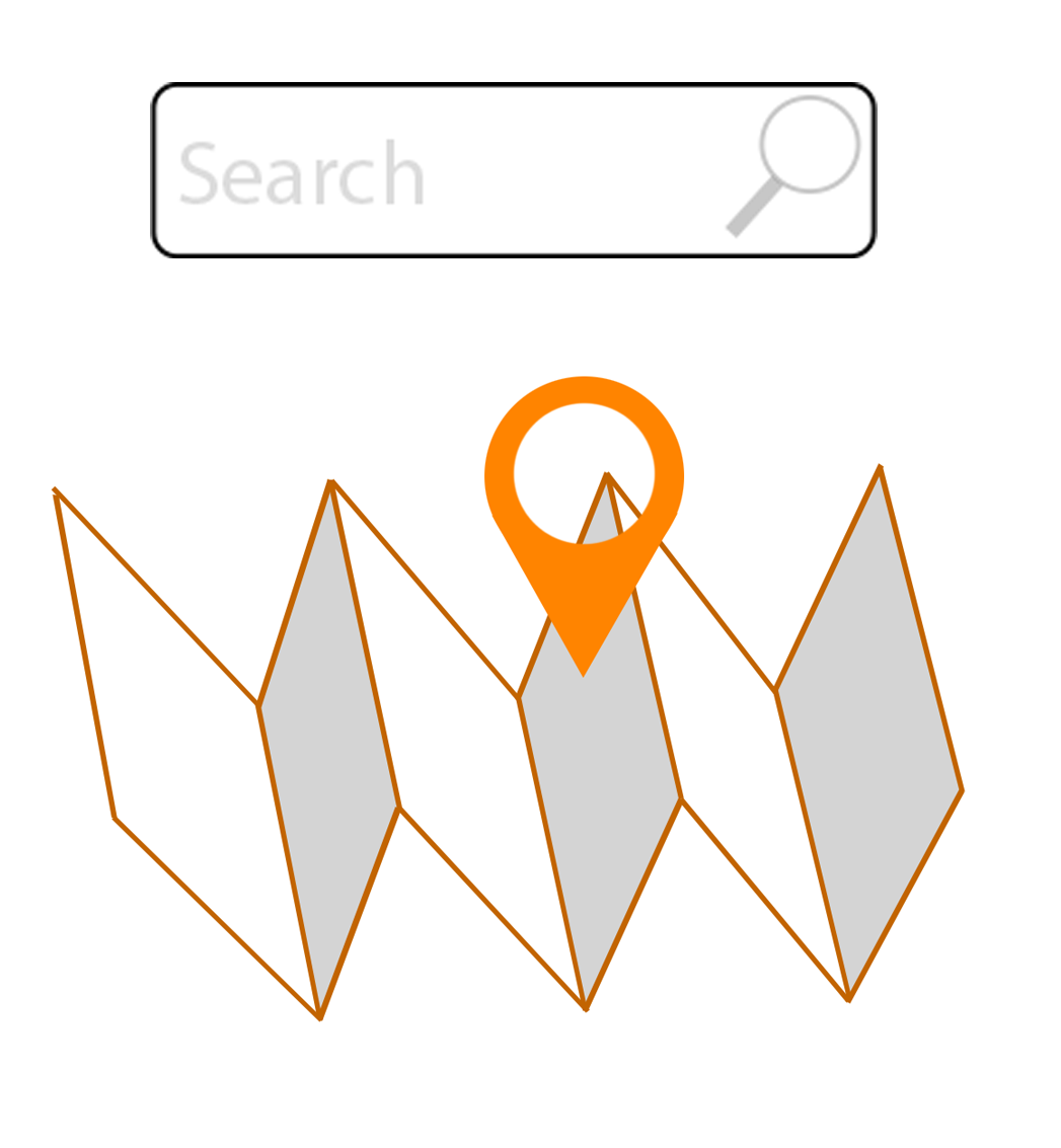 Search bar and folded map with orange location marker illustrating local SEO