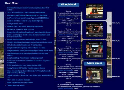 Twitter OAuth Error Screenshot of a news website page showing various headlines and embedded videos alongside multiple repeated error messages related to HTTP requests failing