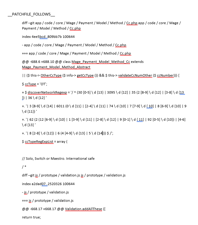Magento Patch File Code Example Code snippet showing part of a Magento security patch for validating credit card numbers in PHP