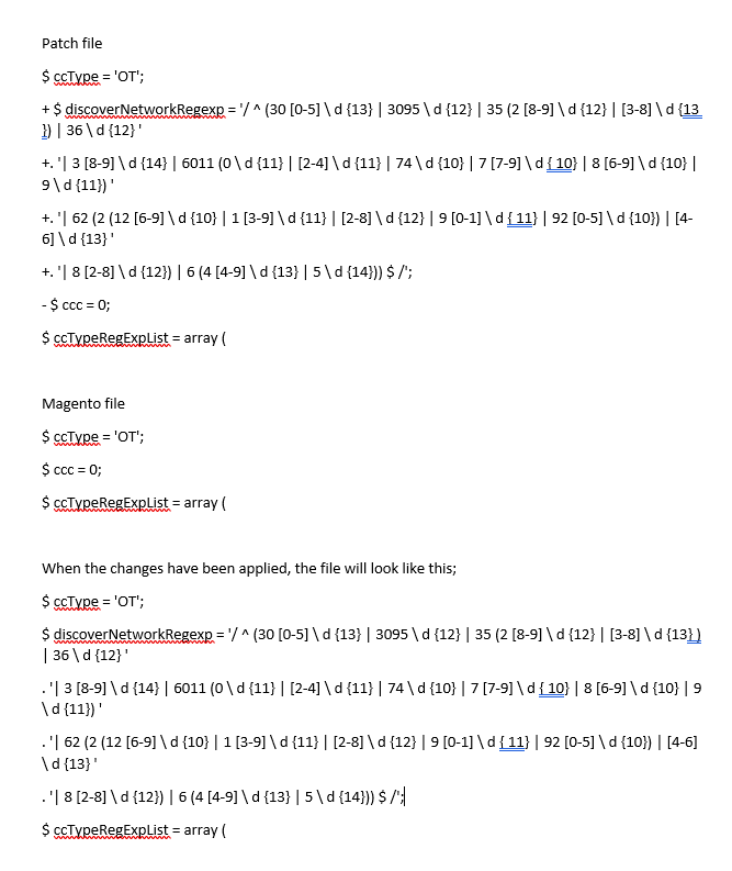 Magento Patch File Code Example Code snippets demonstrating modifications in a Magento security patch file with regex patterns and PHP variables