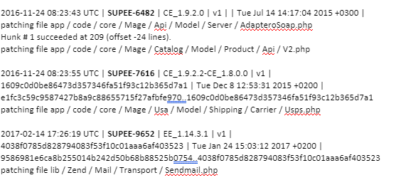 Magento Patch File Code Example Screenshot showing Magento security patch logs with patch identifiers, file paths, and patching statuses for various core Magento components