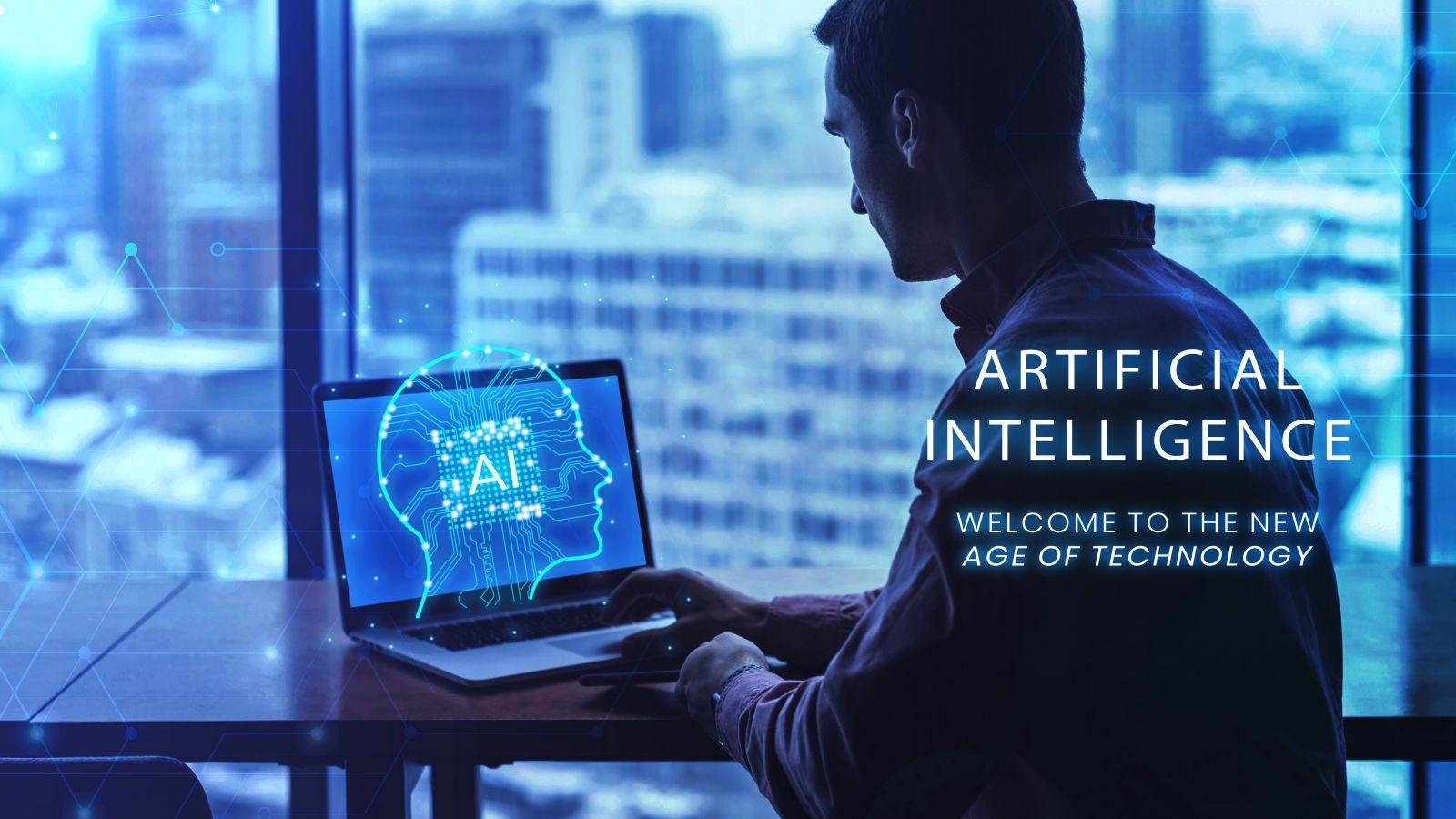 Man working on a laptop displaying a digital AI brain graphic with cityscape background and text about artificial intelligence