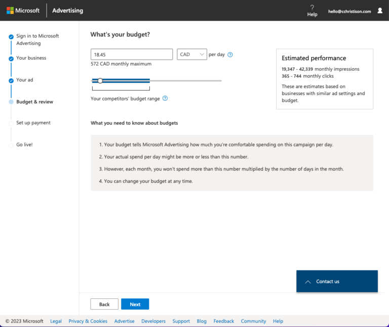 Microsoft Advertising budget review interface showing daily budget input of 18.45 CAD, estimated monthly impressions and clicks, and budget guidelines