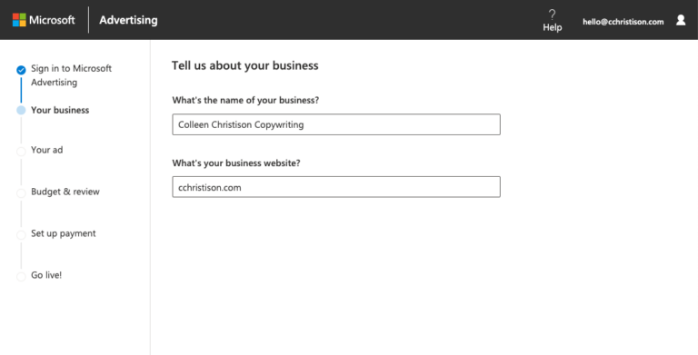 Microsoft Advertising interface displaying 'Tell us about your business' form with business name and website fields filled in